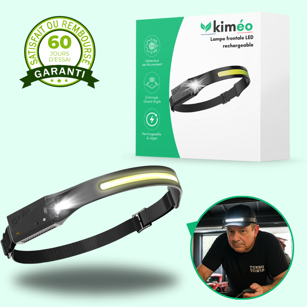 Lampe frontale LED rechargeable ultra légère avec détection de mouvement – Éclairage mains libres pour les activités de plein air