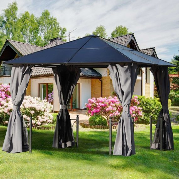 Pavillon de jardin tonnelle rigide dim. 3L x 3l x 2,63H m alu polycarbonate noir rideaux gris 3662970064283