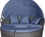 Lit canapÃ© de jardin modulable grand confort rÃ©sine tressÃ©e grise polyester bleu 3662970080733